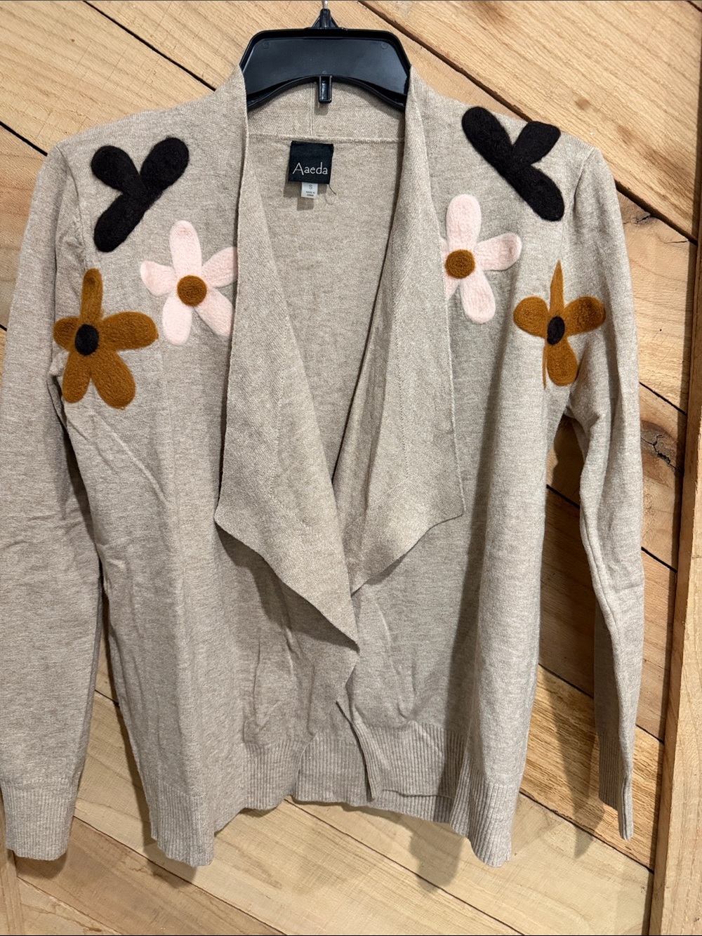 Aveda Cream Floral Appliqué Draped Cardigan